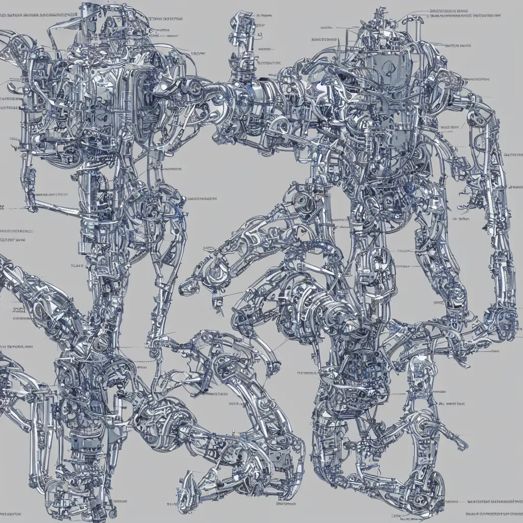 Prompt: Very technical and detailed blueprint of a robotic leg. Intricate details. Ultra detailed. Illustration. Concept Art. Cross Section of mechanical elements. Advanced mechanics. CAD Design.