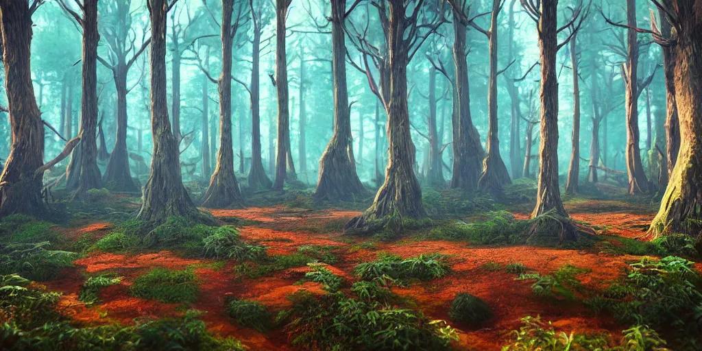 Image similar to abstract 3d landscape forest painting by james jean and David Schnell with 1000 year old trees painted in no mans sky style, redshift, octane