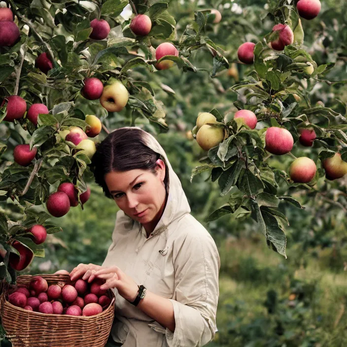 Image similar to a closeup portrait of a woman wearing an iridescent spacesuit, picking apples from a tree, foggy, moody, photograph, by vincent desiderio, canon eos c 3 0 0, ƒ 1. 8, 3 5 mm, 8 k, medium - format print