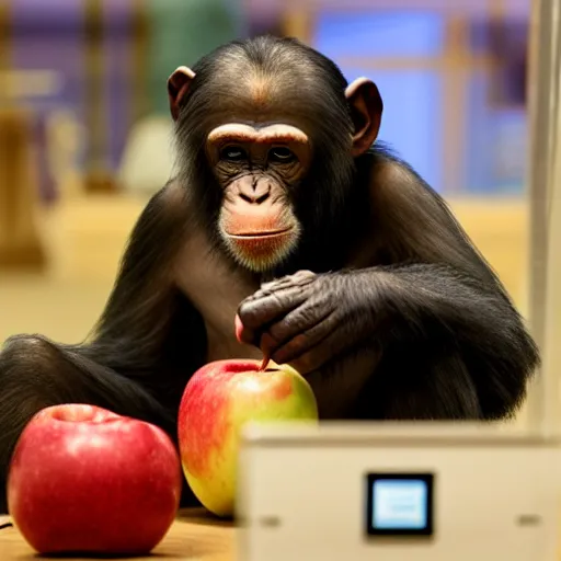 Prompt: a chimpanzee shopping in an apple store