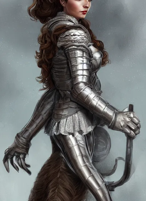 Prompt: beautiful female dorothy gale, rebecca romijn as dorothy, full body character concept, covered in full silver armor, art nouveau, super powers, fantasy, intricate, elegant, highly detailed, digital painting, artstation, concept art, shining, sharp focus, illustration, art by stanley lau