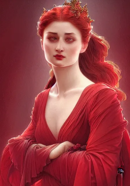 Prompt: sansa fatal women in red, intricate, elegant, highly detailed, digital painting, artstation, concept art, smooth, sharp focus, illustration, art by artgerm and greg rutkowski and alphonse mucha and william - adolphe bouguereau