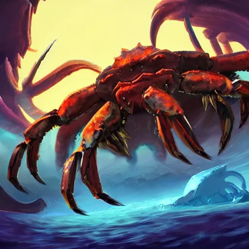 Prompt: blue giant (((((((crab monster)))))))) with giant crab claws, giant crab claws fantasy digital art, magical background in the style of hearthstone artwork