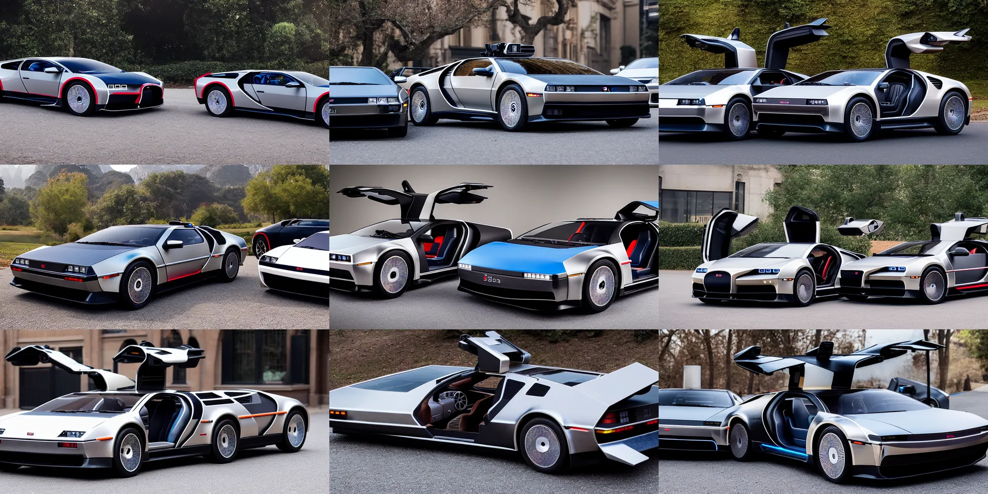 Image similar to a single delorean and bugatti chiron model 3 hybrid, dslr