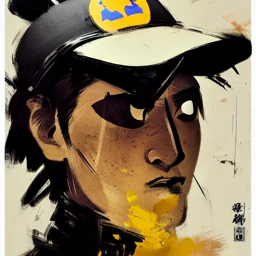 Prompt: ashley wood portrait painting of, a samurai, with mouseketeer hat on, as overwatch character, medium shot, asymmetrical, profile picture, organic painting, dramatic lighting, matte painting, bold shapes, hard edges, 6 0 s french movie poster, french impressionism, palette knife and brush strokes, dutch angle, by huang guangjian and gil elvgren and sachin teng