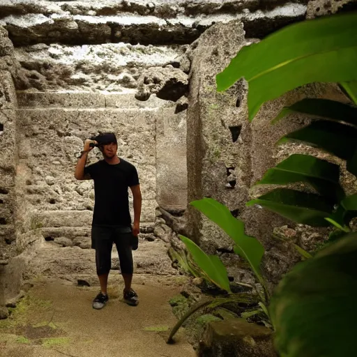 Image similar to explorer observing the ruins of an ancient Mayan city covered by jungle in a humid environment with medium light, humid atmosphere, minimalist art, reslist