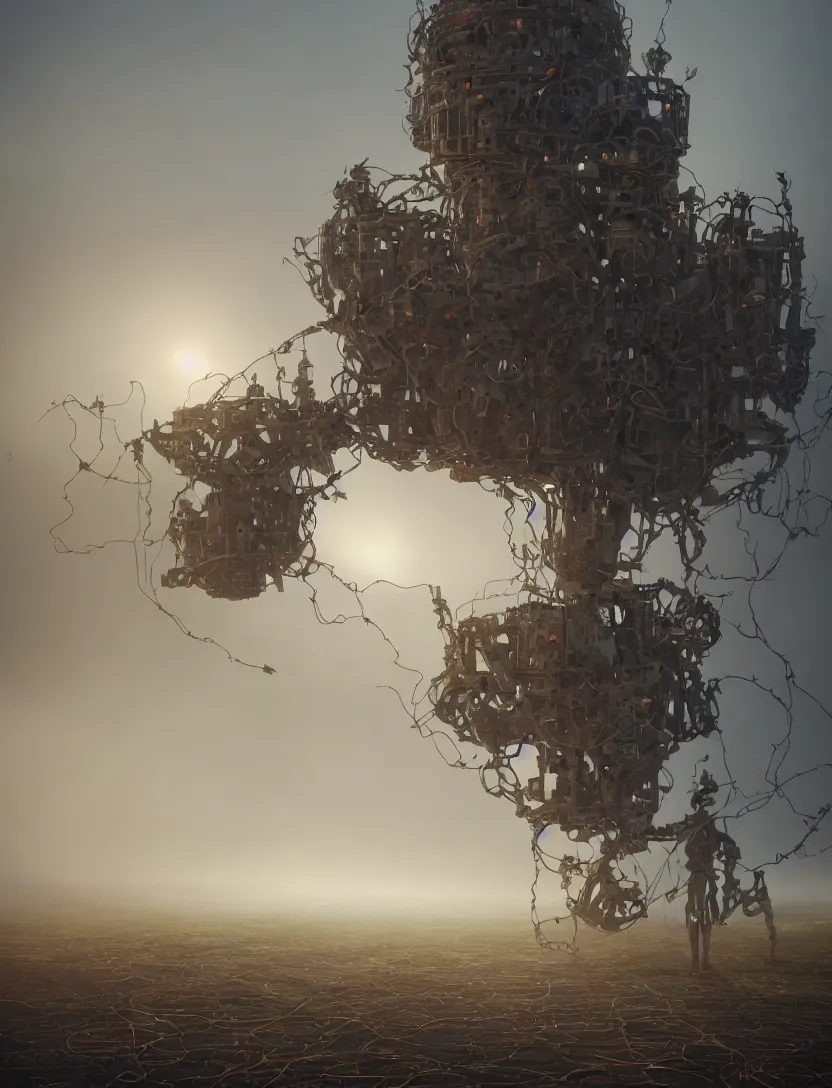 Image similar to a walking mechanical castle with legs, vines, pilar, hyperrealistic, highly detailed, cinematic, single ray of sun, fog, beautiful, cgssociety, artstation, 8 k, oil painting