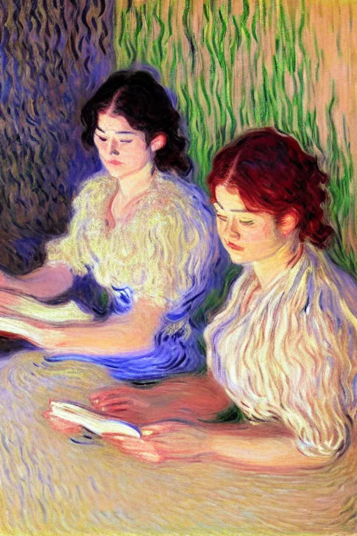 Prompt: portrait of two wise and very beautiful women reviewing some texts, art by monet, intricate, elegant, highly detailed, smooth, sharp focus, artstation