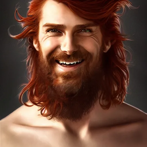 Image similar to portrait of a young ruggedly handsome but joyful pirate, male, masculine, upper body, red hair, long hair, d & d, fantasy, giddy smirk, intricate, elegant, highly detailed, digital painting, artstation, concept art, matte, sharp focus, illustration, crimson hair, art by artgerm and greg rutkowski and alphonse mucha