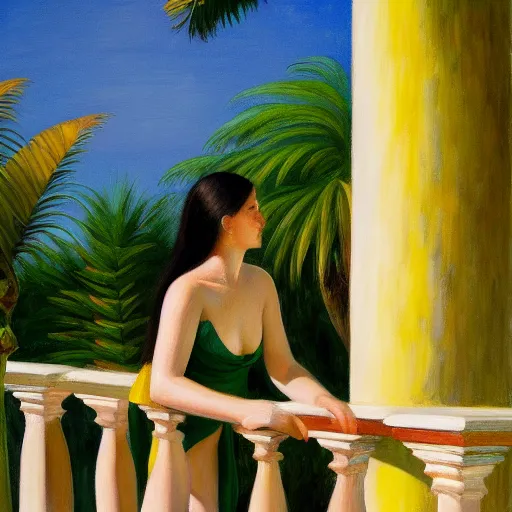 Image similar to a ultradetailed beautiful painting of a girl in the amazonas palace balustrade designed by edward hopper, tarsila do amaral, frank weston and gustave baumann, beach, trending on artstation, mediterranean, palm trees, detailed face, sharp focus, soft light, 8 k 4 k