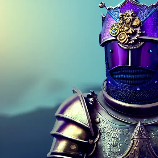 Image similar to a highly detailed knight with glowing purple eyes in a T golden helmet and a golden crown with a blue diamond in the center, golden armor, leather clothes under the armor, leather gloves, holds a black sword, artstation, DeviantArt, professional, octane render, sunset lighting