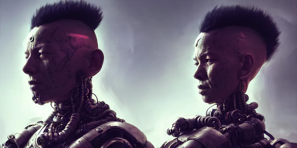 Prompt: meditating monk with mohawk and tattoo on face and cybernetic enhancements, scifi character portrait by greg rutkowski, craig mullins, cinematic lighting, dystopian scifi outfit, profile picture, mechanical, cyborg, half robot ultra realistic 8 k resolution.