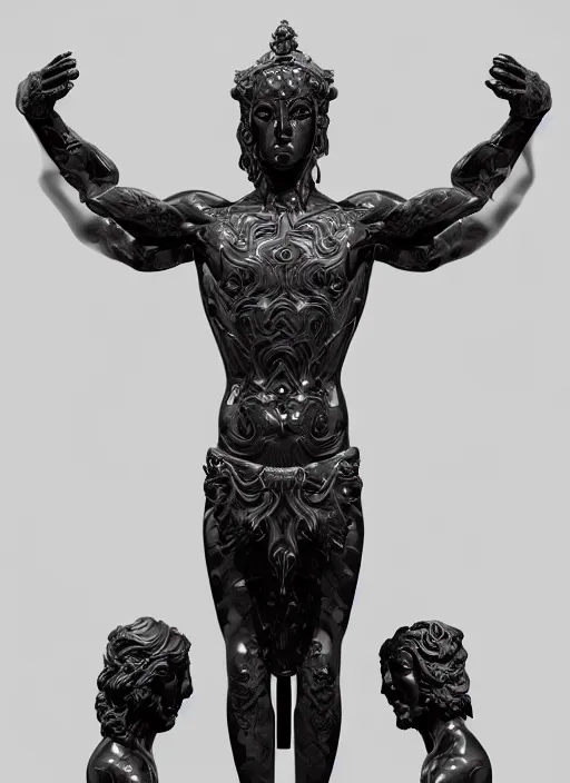 Image similar to stylized onyx black gold lines ornate statue full body made of marble of judas, perfect symmetrical body, perfect symmetrical face, hyper realistic, hyper detailed, by johannen voss, by michelangelo, octane render, blender, 8 k, displayed in bright studio room art deco