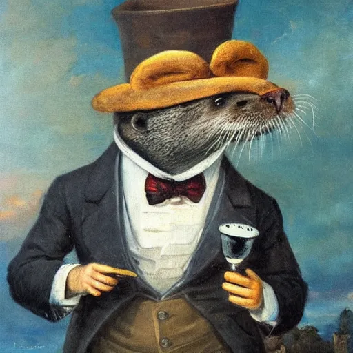 Image similar to anthropomorphic otter wearing a hat, a suit and a monocle, smoking a cigar, oil painting by jan matejko