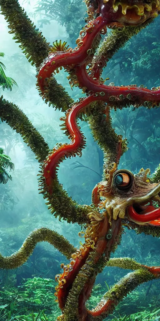 Image similar to of a tropical rainforest lake with strange cute friendly happy creatures with huge eyes, mouth, long tongue, round teeth and tentacles appearing from sandy coral, in the style of gehry and gaudi, macro lens, shallow depth of field, ultra detailed, digital painting, trending artstation, concept art, illustration, cinematic lighting, photorealism, epic, octane render