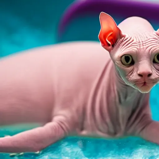 Prompt: a hairless sphynx cat swimming in a baby pool filled with milk