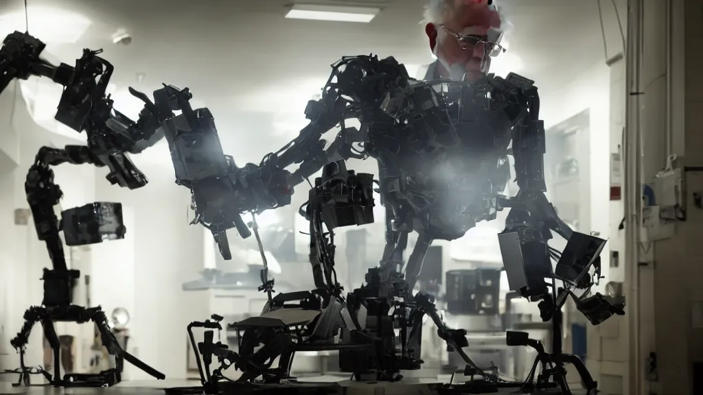 Image similar to bernie sanders putting the finishing touches on a small weaponized robot, cinematic moody lighting, smoky laboratory, sharp focus, imax