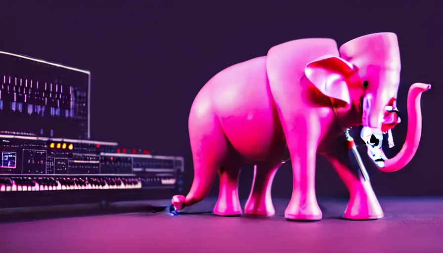 Prompt: a antropomorphic pink elephant playing a giantic analogic synthsizer moog with a lot of button potenciometers and iron cables, futuristic, cyberpunk, biomechanical, xenomorphic, photorealistic, ultra detailed, 4 k, chomatic aberration, dof