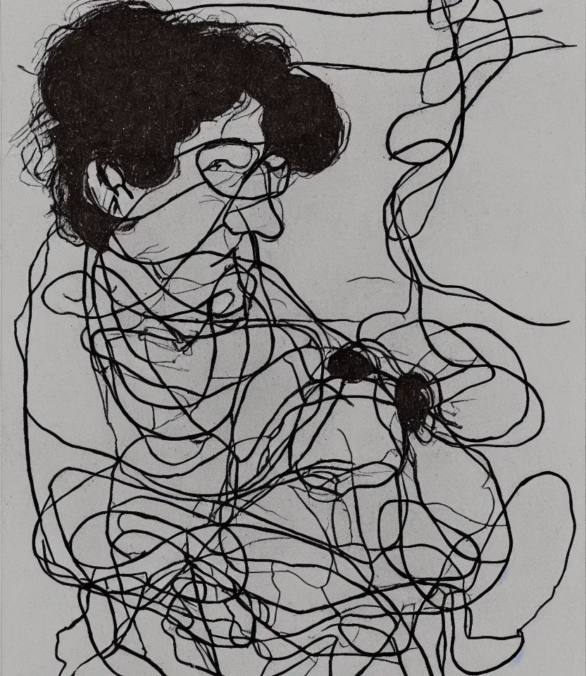 Image similar to minimalist line art portrait of german composer ludwig van beethoven, inspired by egon schiele. contour lines, freestyle twirls and curves, musicality