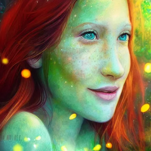 Prompt: portrait of a red haired girl softly smiling among fireflies, with long hair, green eyes, round face, hint of freckles, her head is tilted and she loves the wonderful lights colorful hyper realistic art