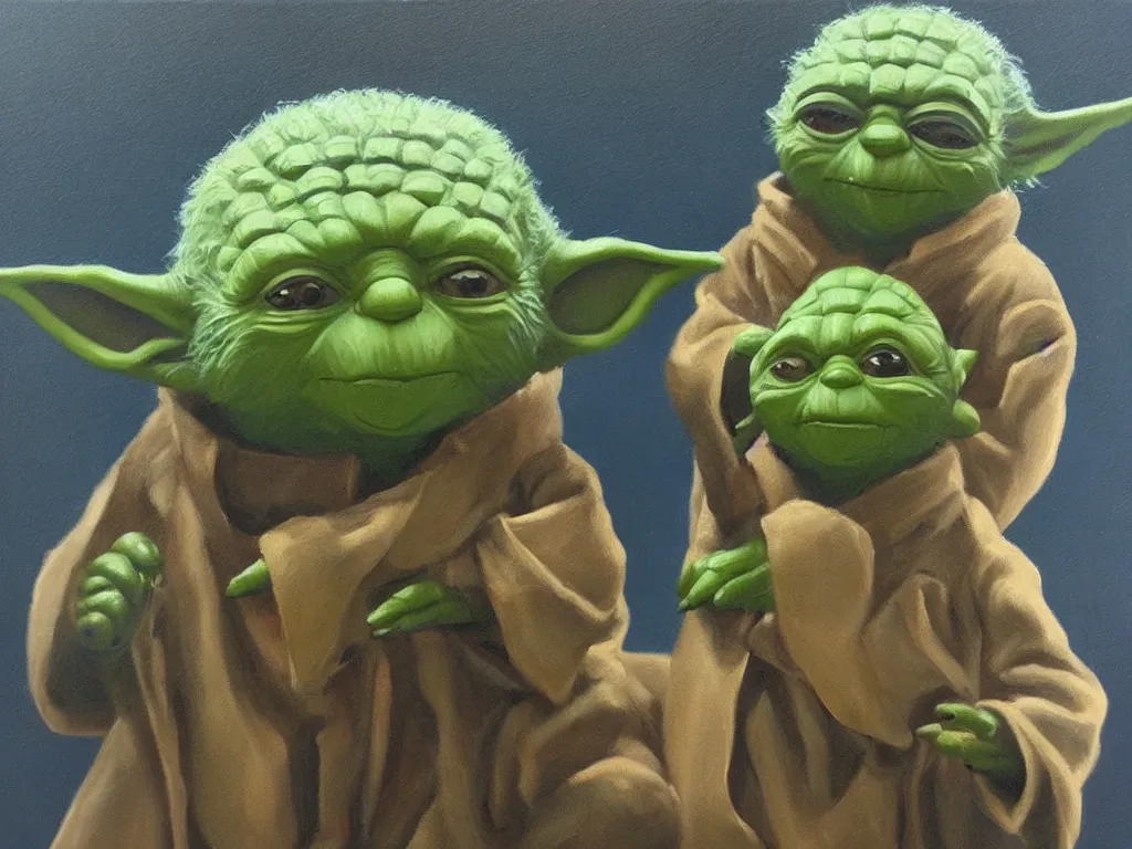 Image similar to old oil painting of yoda and cheburashka holding hands, trending on artstation