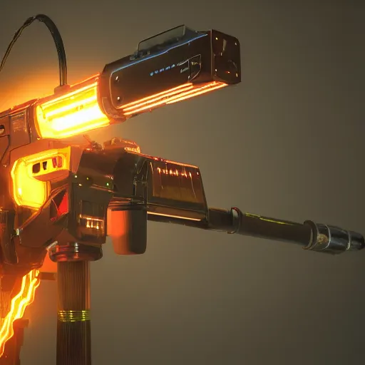 Image similar to plasma flamethrower, neon, cyberpunk, 3 d render, octane, ray tracing, ultra high resolution, ultra detailed, photorealistic