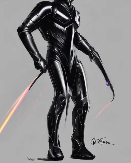 Image similar to iridescent wiry muscular male smooth sleek glossy black pearlescent scifi armor with smooth black featureless visor, by greg rutkowski and mark brookes and jim burns and tom bagshaw and magali villeneuve, trending on artstation