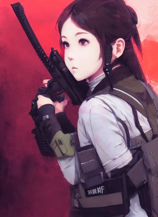 Image similar to a paintball player girl, softair center landscape, illustration, concept art, anime key visual, trending pixiv fanbox, by wlop and greg rutkowski and makoto shinkai and studio ghibli and kyoto animation, symmetrical facial features, dye i 5 mask, colorful airsoft gun, sports clothing, realistic anatomy