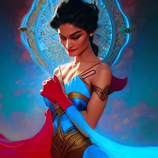 Image similar to pia wurtzbach as darna, volumetric lights, red and cyan theme, art nouveau botanicals, intricate, highly detailed, digital painting, artstation, concept art, smooth, sharp focus, cinematic, illustration, beautiful face, art by artgerm and greg rutkowski and alphonse mucha