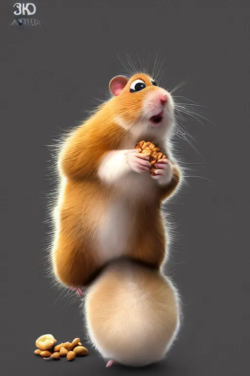 Prompt: funny hamster with cheeks full of nuts trying to push one more peanut into his mouth. pixar disney 4 k 3 d render funny animation movie oscar winning trending on artststion and behance. oscar award winning.