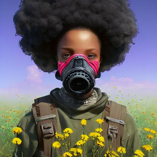 Image similar to a young black girl with afro puffs wearing a gas mask in a field of flowers, Apex Legends character, digital illustration portrait design, by android jones and greg rutkowski, retrowave color scheme, detailed, cinematic lighting, wide angle action dynamic portrait