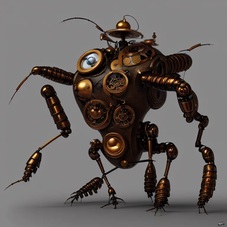 Image similar to steampunk robot ant, 3 d model, unreal engine realistic render, 8 k, micro detail, intricate, elegant, highly detailed, centered, digital painting, artstation, smooth, sharp focus, illustration, boris vallejo