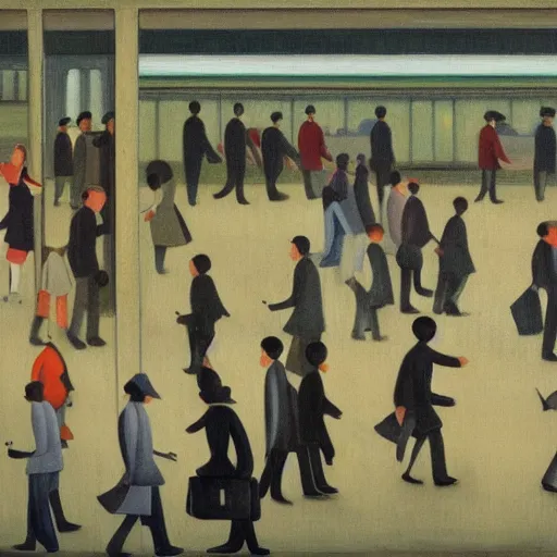 Image similar to painting of commuters heading to the central business district of singapore, painted by laurence stephen lowry, oil on canvas, national gallery