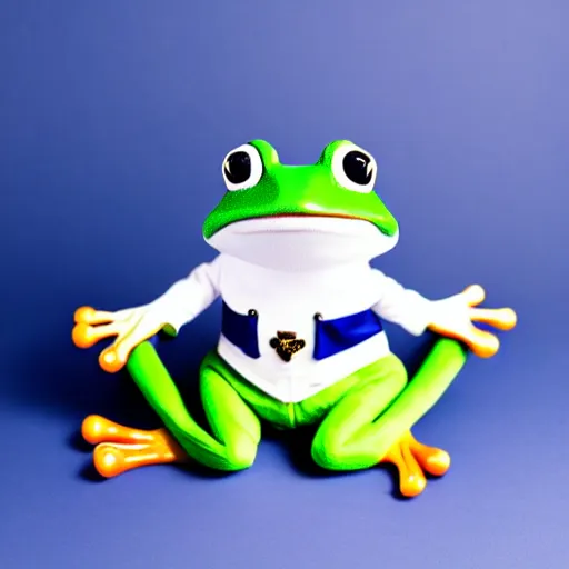 Image similar to cute frog wearing a sailor suit, studio photography,