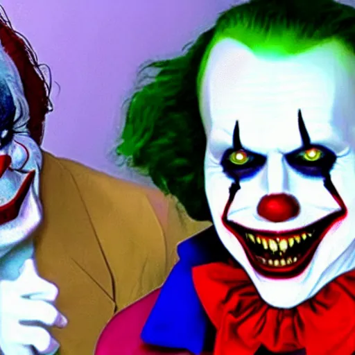 Image similar to The Joker doing Karaoke with Pennywise the Dancing Clown, 4k, ultra realistic, detailed