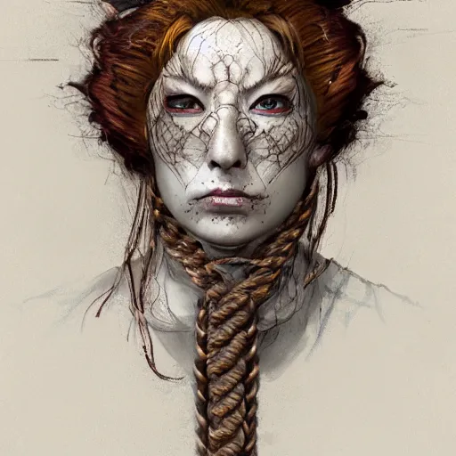 Image similar to portrait of a Shibari rope wrapped face and neck, headshot, insanely nice professional hair style, dramatic hair color, digital painting, of a old 15th century, old cyborg merchant, amber jewels, baroque, ornate clothing, scifi, realistic, hyperdetailed, chiaroscuro, concept art, art by Franz Hals and Jon Foster and Ayami Kojima and Amano and Karol Bak,