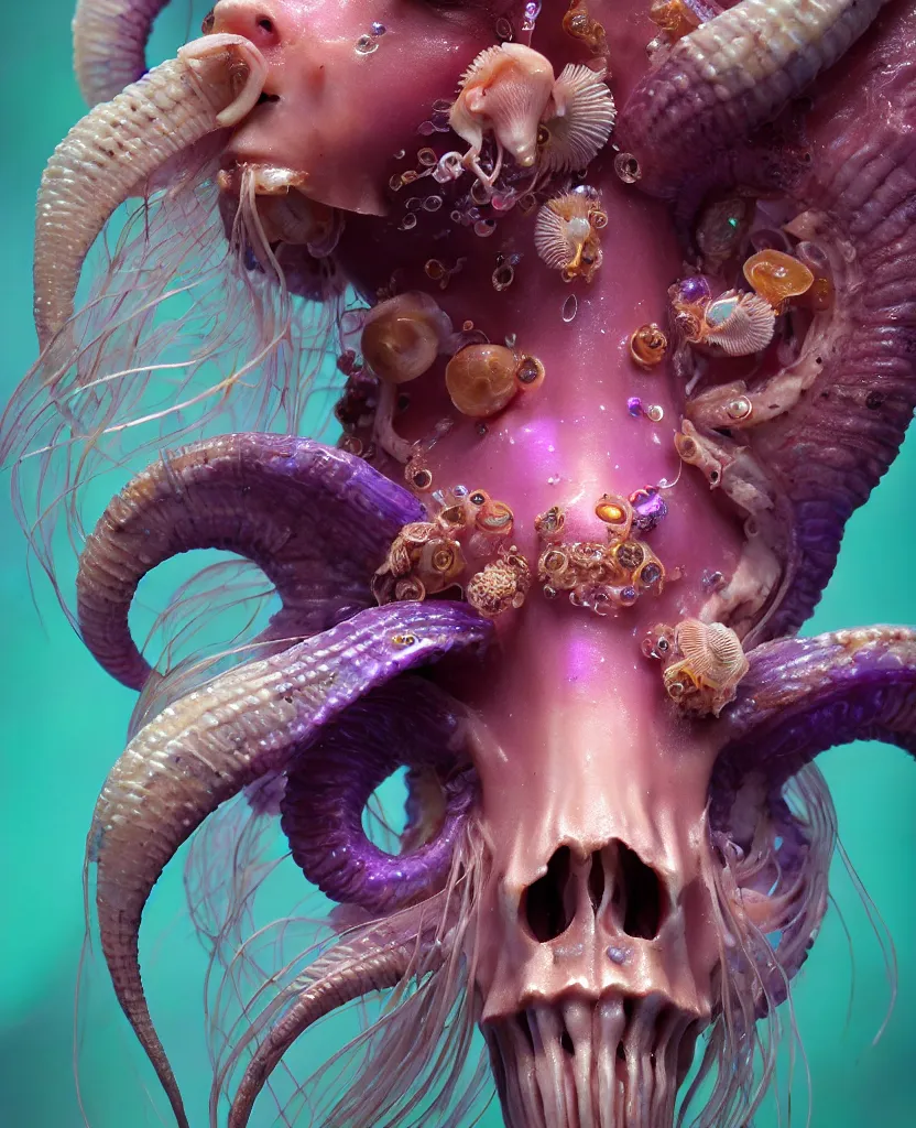 Image similar to goddess princess face close-up portrait ram skull. jellyfish phoenix head, nautilus, orchid, skull, betta fish, bioluminiscent creatures, intricate artwork by Tooth Wu and wlop and beeple. octane render, trending on artstation, greg rutkowski very coherent symmetrical artwork. cinematic, hyper realism, high detail, octane render, 8k