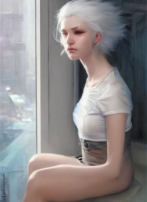 Prompt: a beautiful white haired girl sitting on a window wearing a crop top, official art, gorgeous detailed face, cyberpunk, anime style, by jeremy lipking, by charlie bowater, cgsociety, realistic expressive oil painting, digital art