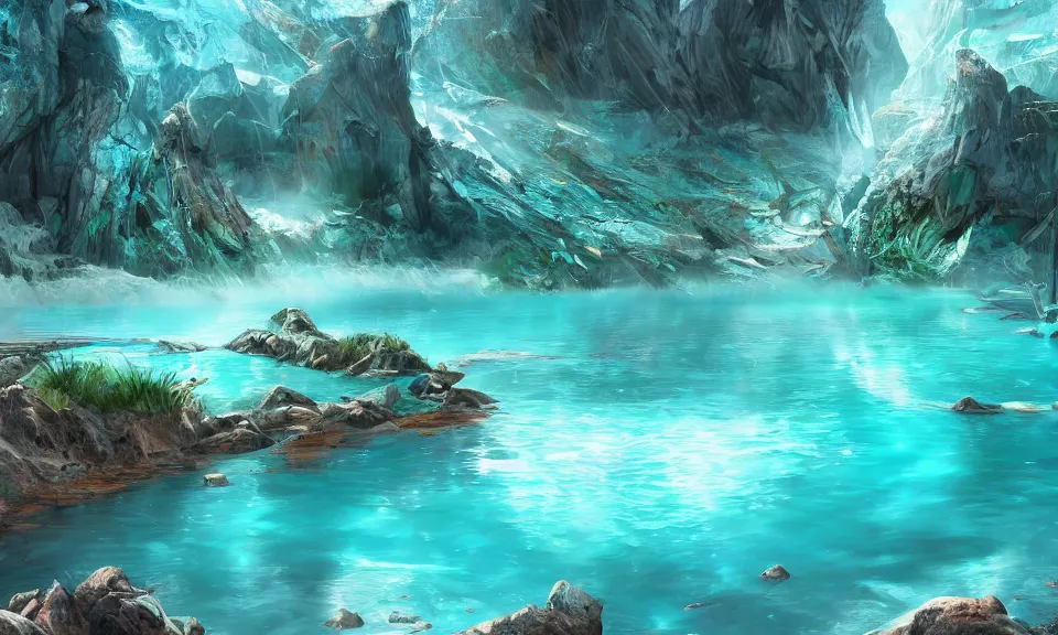 Image similar to crystalline turquoise lake, digital art, concept art, fantasy art, highly detailed, hd wallpaper, hdr, artstation, deviantart, behance