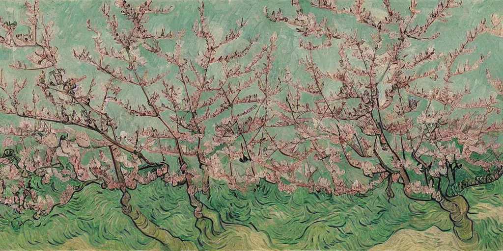 Image similar to a peach blossom forest, the fallen flowers are colorful, the forest runs out of water, there is a mountain, and the mountain has a small mouth, as if there is light. by Vincent van Gogh