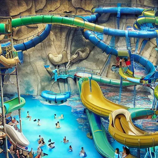 Image similar to cavernous underground waterpark with water slides, digital art, epic composition, highly detailed, cinematic lighting