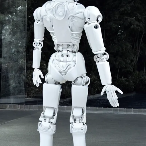 Image similar to made of ice, a realistic detailed photo of a guy who is an attractive humanoid who is half robot and half humanoid, who is a male android, on display, blank stare, showing off his muscles, shiny skin, posing like a statue, by the pool, frozen ice statue, twitch streamer / gamer ludwig, humanoid robot