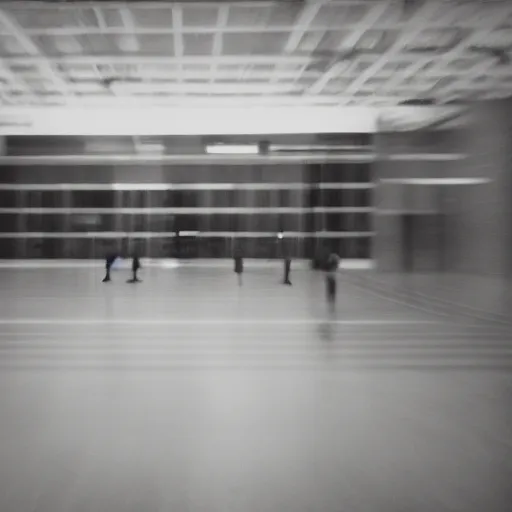 Prompt: There are two young male shadowy figures in a large empty hall, total view, long exposure, motion blur, polaroid picture, black-and-white, 35mm
