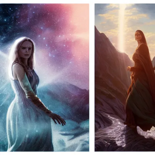 Image similar to wizard, argentina, natalie portman, hudson river school, max rive, full plate armor, f 1 6, bokeh, gentle, female, snowy mountain, storm clouds, god rays, close up portrait, d & d, fantasy, elegant, teal pink white gold color palette, concept art, roger deakins and greg rutkowski and alphonse mucha