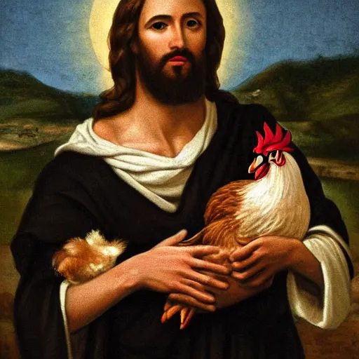 Image similar to jesus christ holding a chicken, portrait,