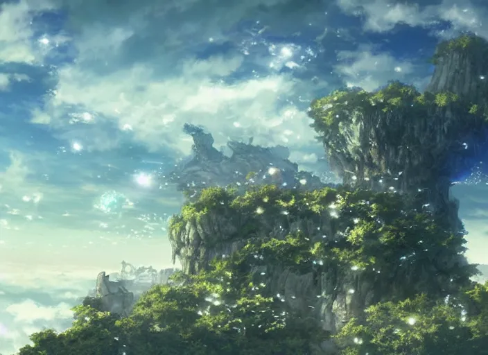 Prompt: Fantasy floating sky continent as seen from a distance. hidari, color page, tankoban, 4K, tone mapping, Akihiko Yoshida.