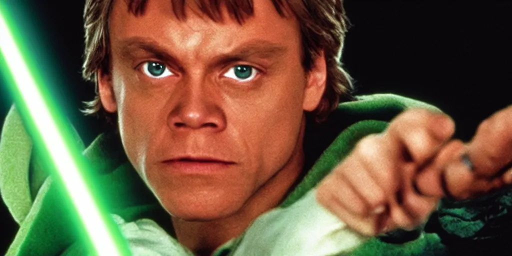 Image similar to a still from a film featuring middle aged mark hamill as jedi master luke skywalker, holding a green lightsaber by the hilt, full body, 3 5 mm, directed by steven spielberg, 1 9 9 4