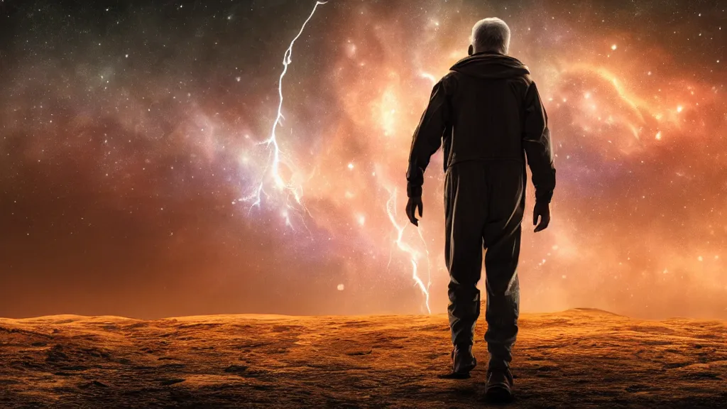 Prompt: an elderly man walking on a planet. close bottom view. whole body. nebula background. cinematic composition. cinematic lightning. ultra realistic. 8 k. highly detailled. deep space. ultra realistic details. cinematic atmosphere. studio lighting. shadows. dark background.