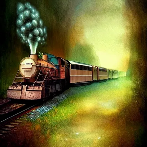 Image similar to a train filled with ethereal spirits travelling to the after life impressive scene. grainy and rough. soft colour scheme. beautiful artistic detailed digital art