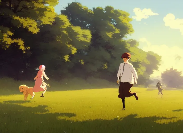 Image similar to france 1 9 2 0's, young adult running with his goldendoodle dog on a green meadow, golden hour, finely detailed perfect art, gapmoe yandere grimdark, trending on pixiv fanbox, painted by greg rutkowski makoto shinkai takashi takeuchi studio ghibli